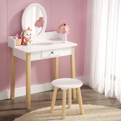 Keezi Kids White Vanity Makeup Set with Mirror, Drawer, and Wooden Legs for Dressing.