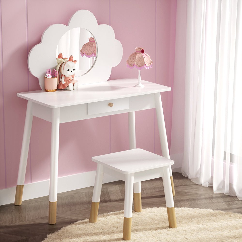 Keezi Kids White Vanity Set with Mirror, Drawer, and Chair for Glamorous Playtime