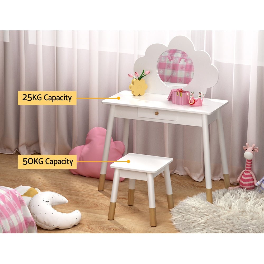 Keezi Kids Wooden Vanity Set with Mirror and Drawer in White for Pretend Play