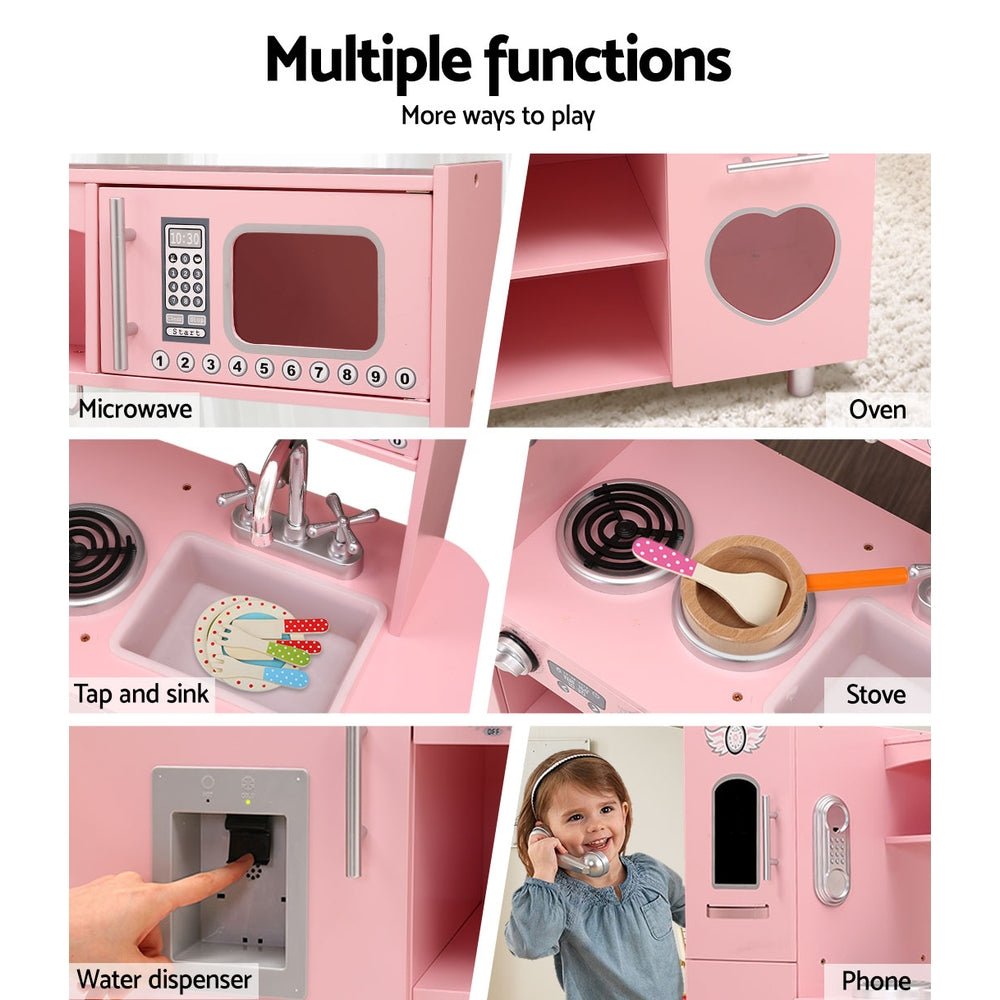 Keezi Kids Pink Wooden Kitchen Play Set, featuring realistic cooking toys for imaginative play.