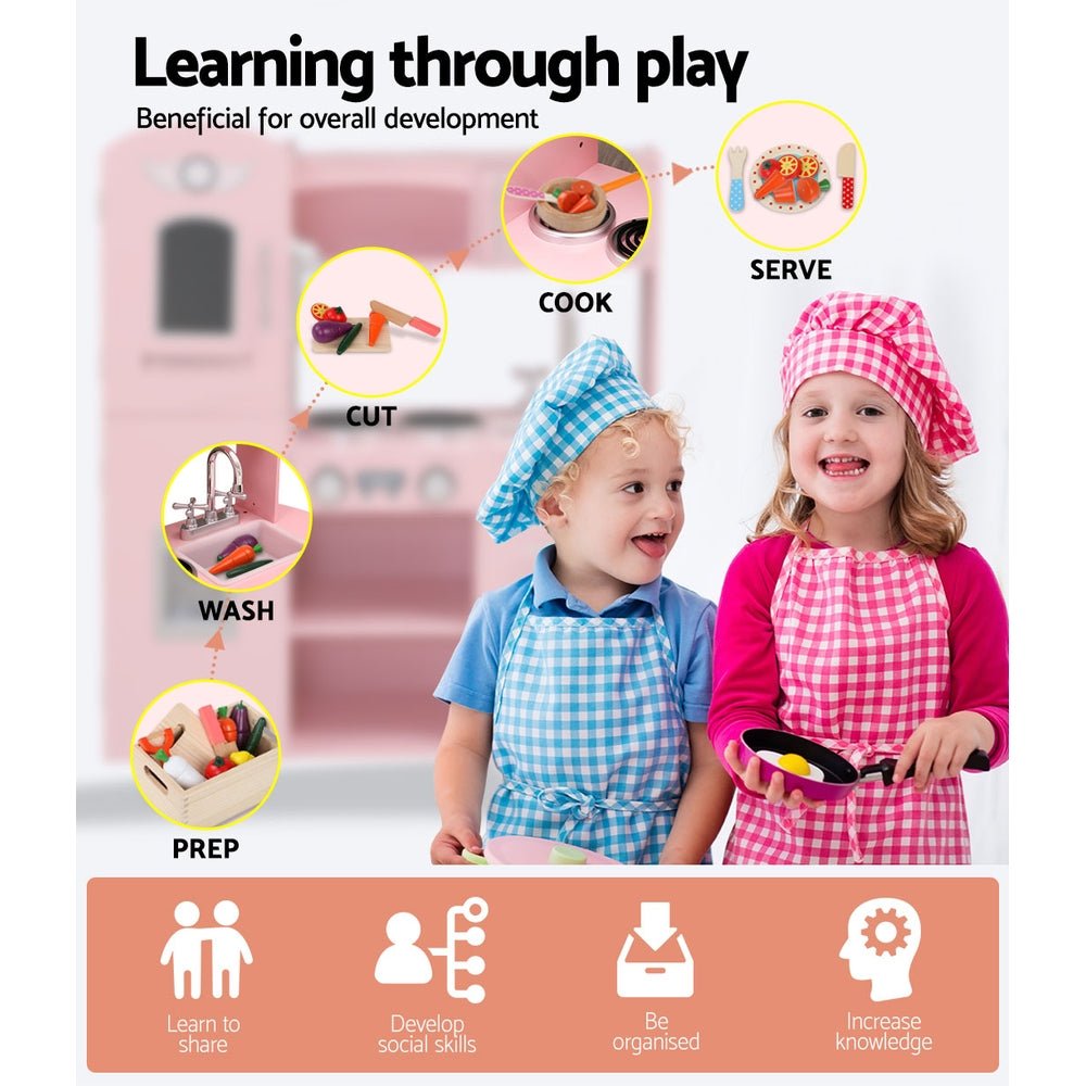 Keezi Kids Wooden Kitchen Play Set - Pink cooking toys for imaginative children.