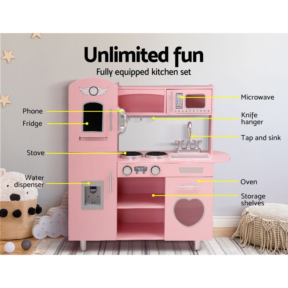 Keezi Kids Wooden Kitchen Pretend Play Set in Pink, ideal for imaginative food cooking fun.