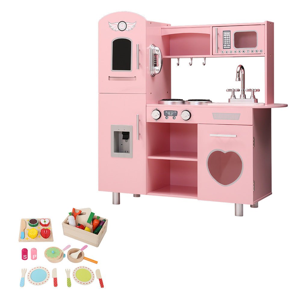 Keezi Kids Wooden Kitchen Playset in Pink - Realistic food cooking toys for children