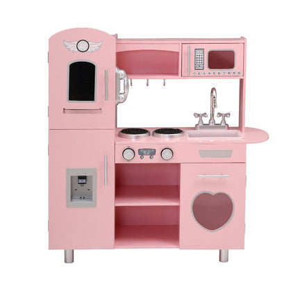 Pink Keezi kids wooden kitchen set for pretend play and food cooking fun at home.