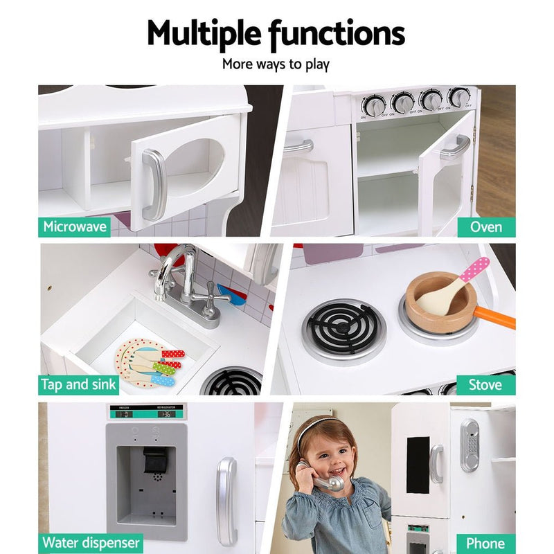 Keezi Kids Wooden Kitchen Set Pretend Play Toys Cooking Food Sets Children White