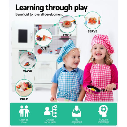 Keezi kids wooden kitchen set for pretend play, includes cooking food sets in white.