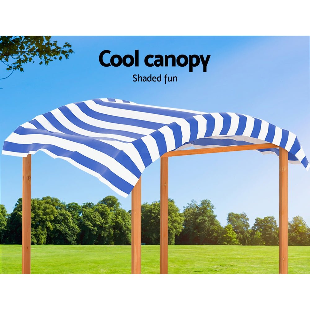 Keezi Kids Wooden Sand Pit with Canopy and Water Boxes for outdoor fun and creativity.