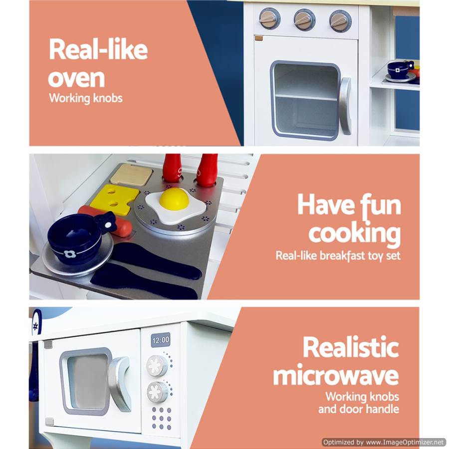 Keezi Kitchen Play Set | White Blue - Ideal for imaginative play, 18 pieces included.