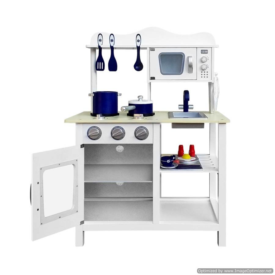 Keezi Kitchen Play Set | 18-Piece White Blue toy for imaginative play in kids homes.