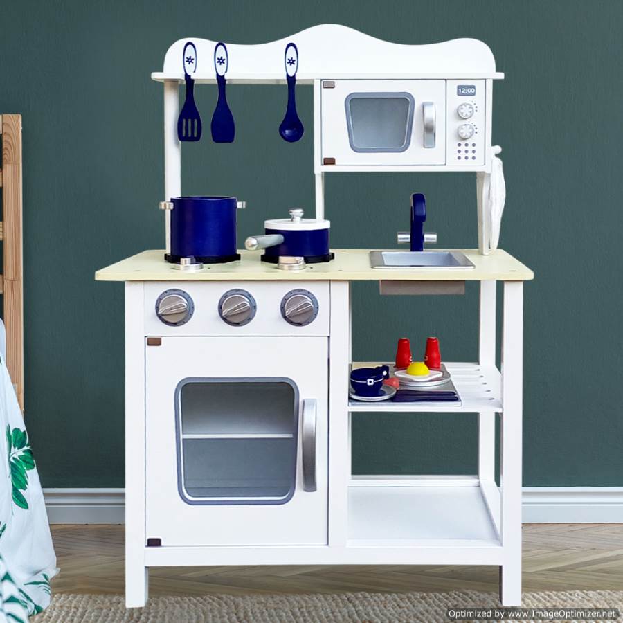 Keezi Kitchen Play Set | 18-piece, white, blue, ideal for imaginative play in kids homes