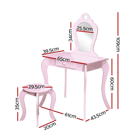 Keezi Pink Kids Vanity Set with Mirror and Stool for Princess-style Makeup Play