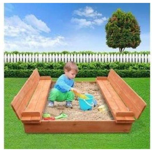 Keezi Wooden Toy Sandpit with Cover and Seat for Kids Outdoor Play