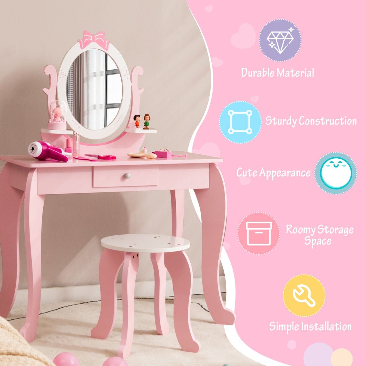 Enhance Playtime: Kid Vanity Table Stool Set with Adjustable Mirror