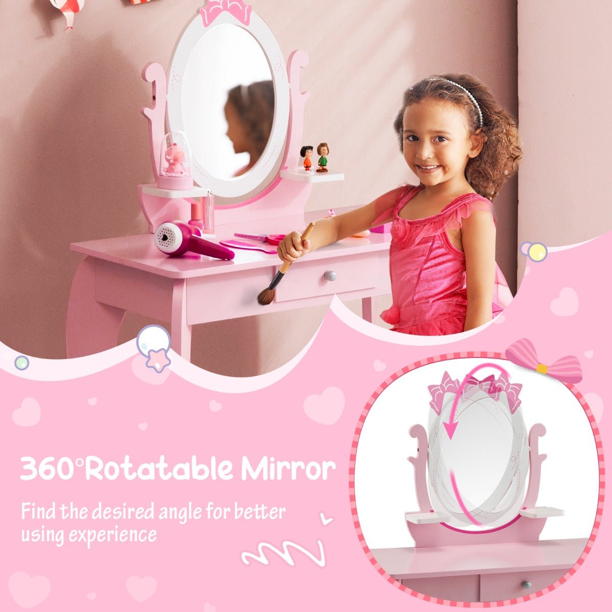 Time for Glam: Kid Vanity Table Stool Set with Adjustable Mirror