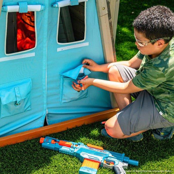 Kids Playing in KidKraft Nerf Scout Defense Post Outdoor Playhouse
