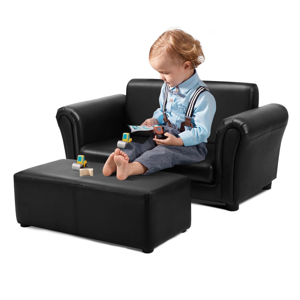 Boys' and Girls' Sofa Set: 2-Seat with Footstool and Solid Wood Frame