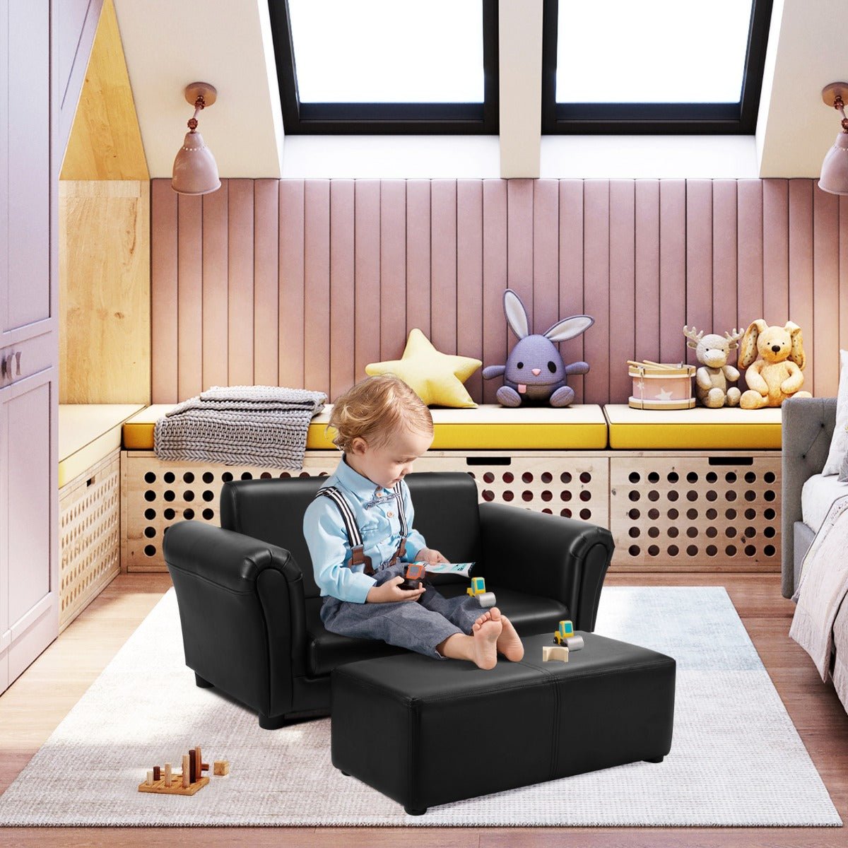 Kids Sofa Set: 2-Seat with Footstool and Wooden Frame for Boys and Girls
