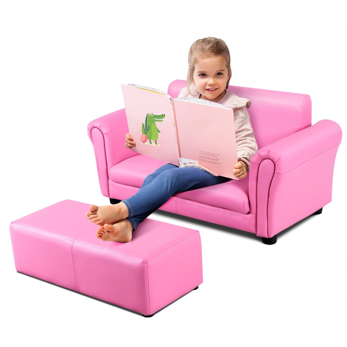 Boys' and Girls' Sofa Set: 2-Seat with Footstool and Sturdy Wooden Frame
