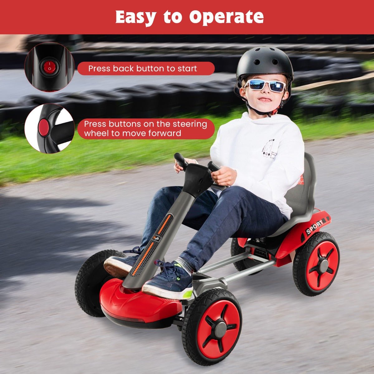 Button Start Go Kart with 2-Position Adjustable Steering Wheel for Kids Red