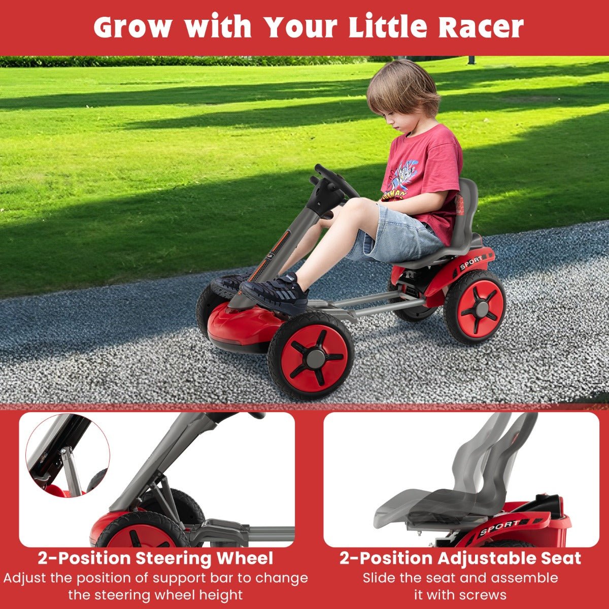 Go Kart with 2-Position Adjustable Steering Wheel for Kids Red
