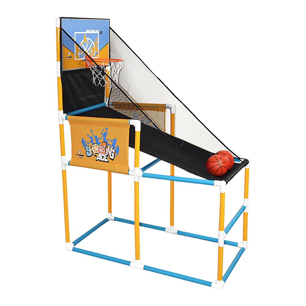 Interactive kids basketball arcade game with adjustable hoop height for home entertainment.