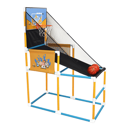 Interactive kids basketball arcade game with adjustable hoop height for home entertainment.