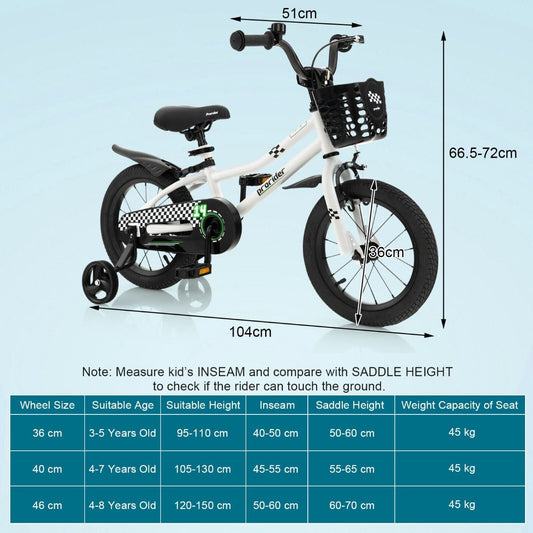 Measurements Kid's Bike with Handbrake White - 36, 40 or 46 cm