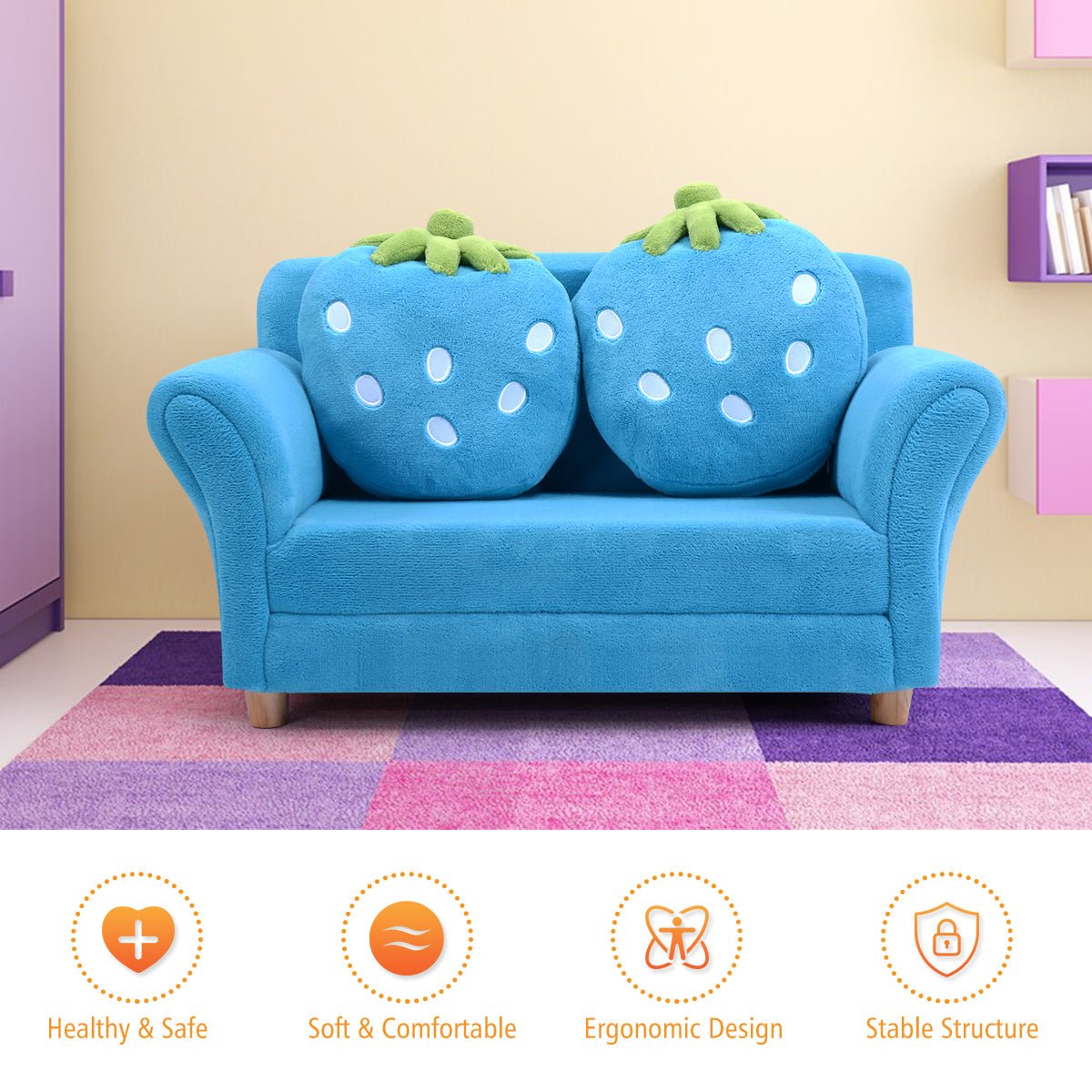 2-Seat Kids Sofa Bed: Cozy Children's Lounge with Adorable Strawberry Pillows