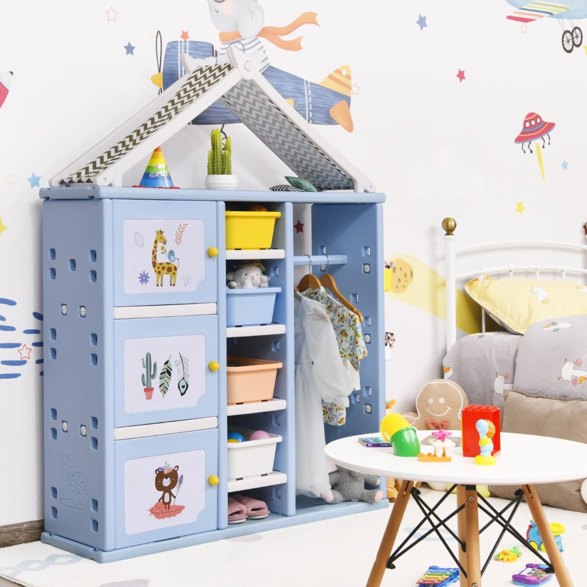 Kids Dresser Storage Closet - Blue Pretend Costume Organizer for Playtime