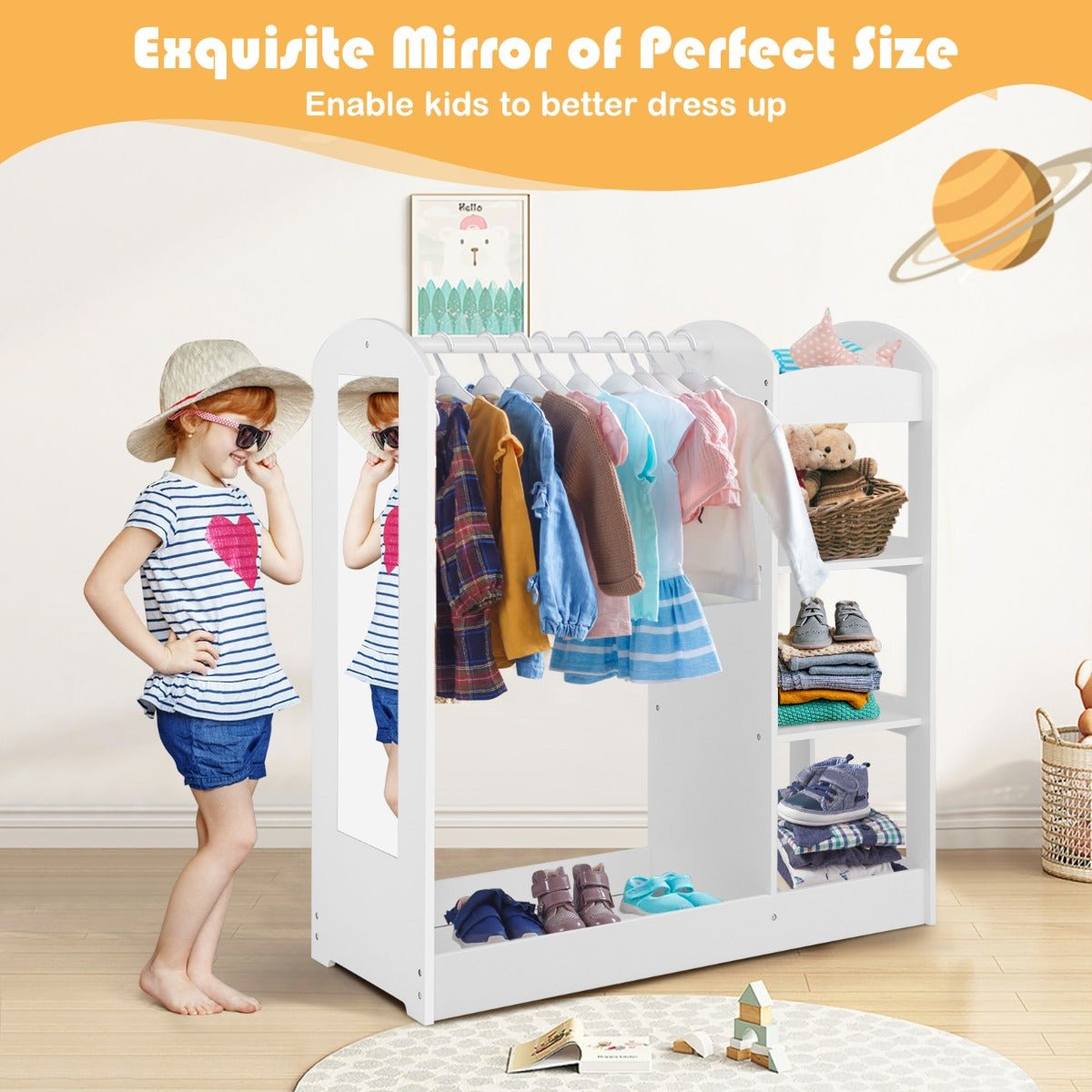 Explore Imagination: White Kids Dress Up Cupboard with Shelves and Mirror