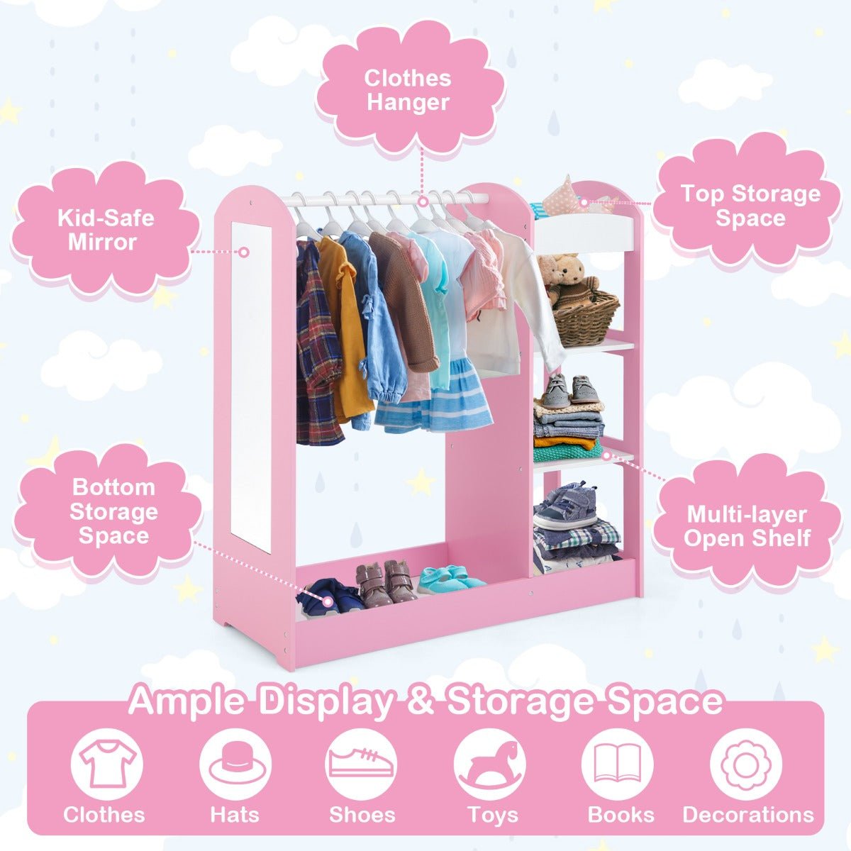 Dress Up and Shine: Pink Kids Storage with Mirror and Shelves