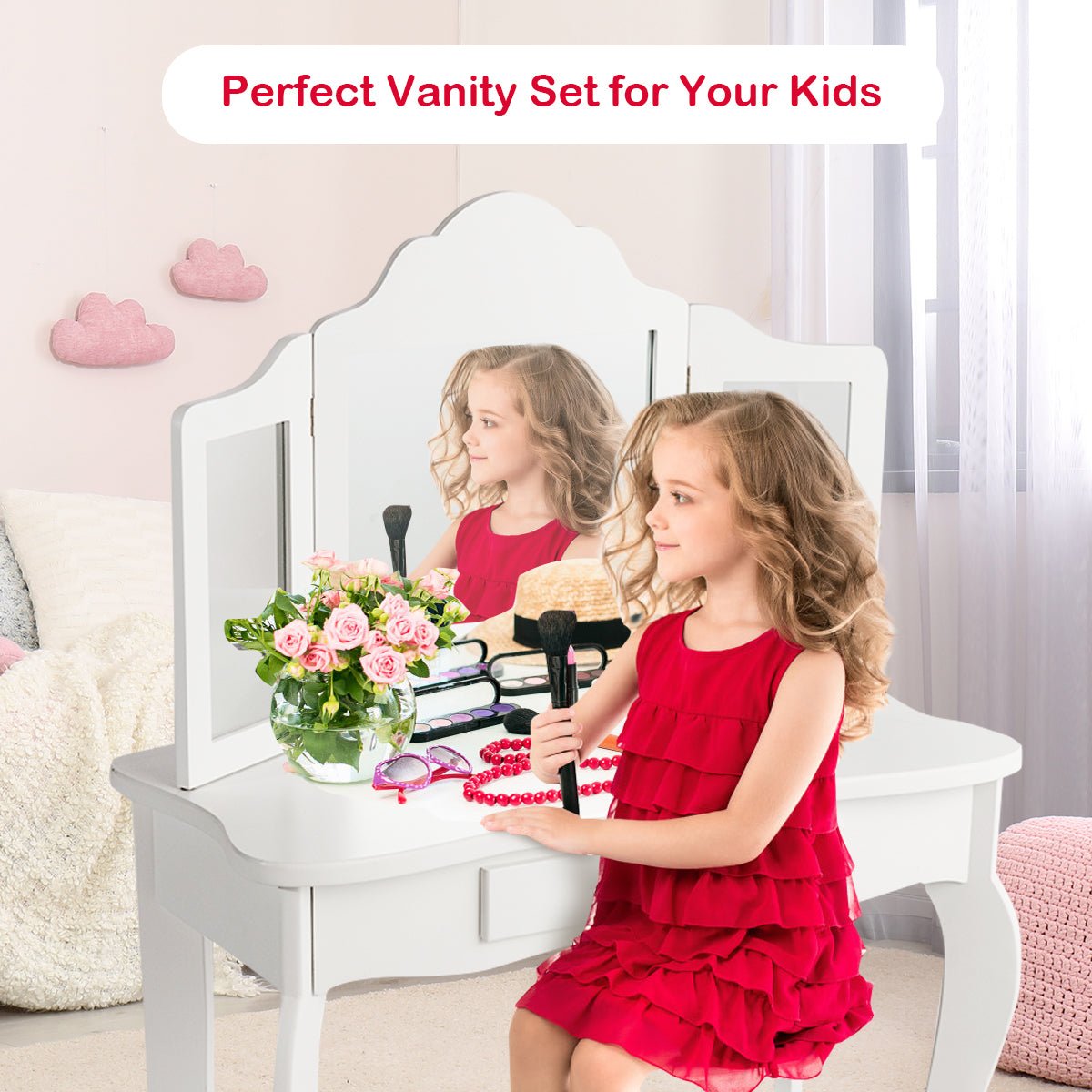 Explore Imagination: White Kids Dressing Table with Stool & Mirror