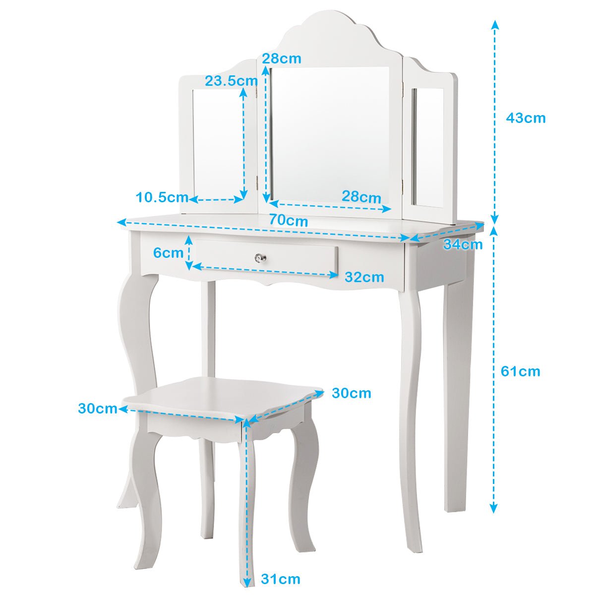 White Kids Dressing Table Set - Quality Vanity for Young Explorers