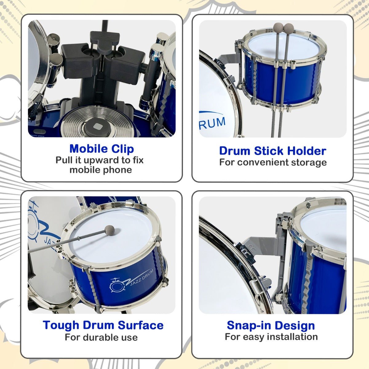 Musical Playtime - Kids Drum Keyboard Set with Stool & Mic Stand - Blue
