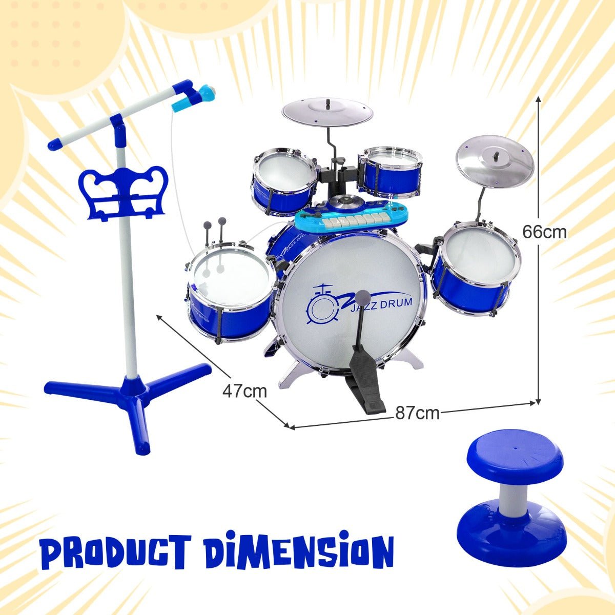 Engaging Kids Drum Keyboard Set - Stool & Microphone Stand - Blue