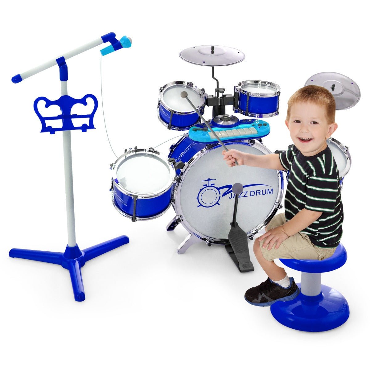Vibrant Blue Kids Drum Keyboard Set - Includes Stool & Mic Stand