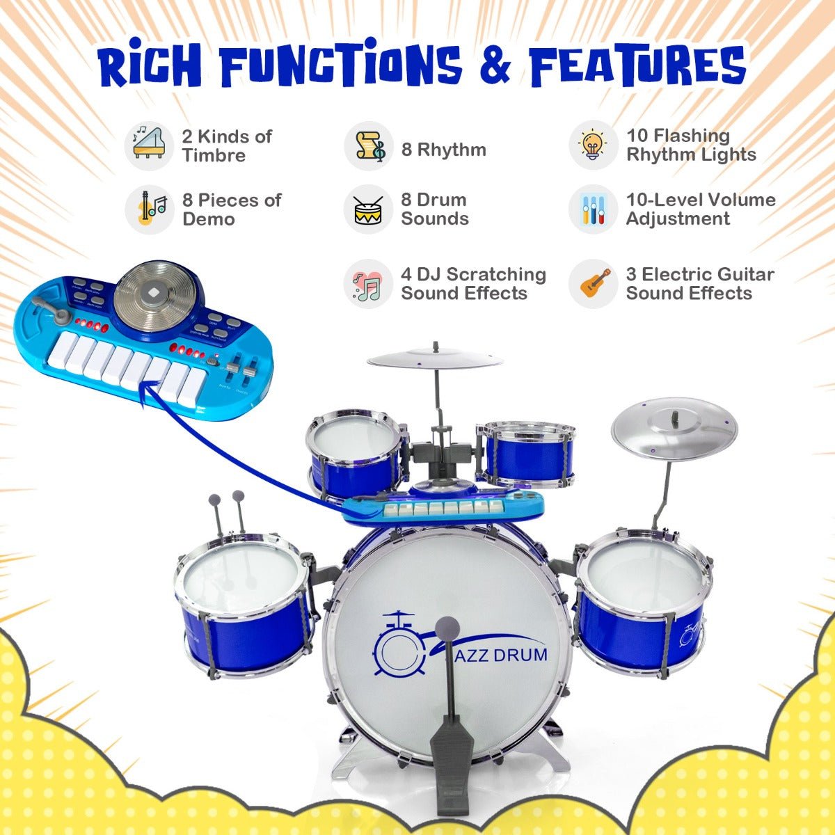 Interactive Children's Drum Keyboard - Stool & Microphone Stand - Blue