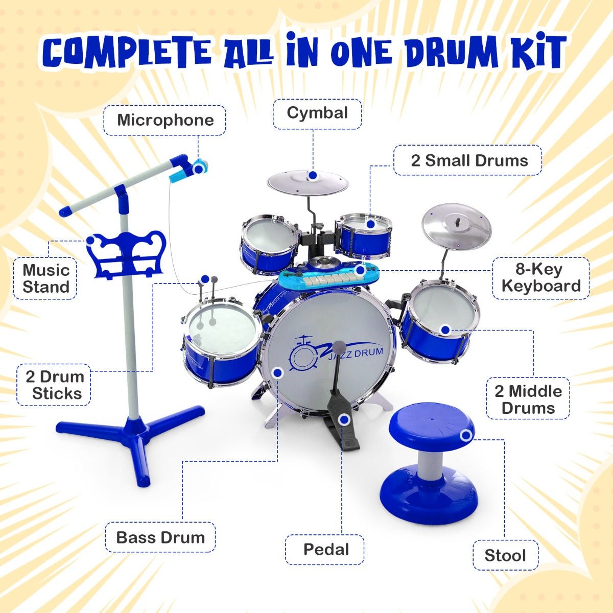 Children's Musical Set - Blue Drum Keyboard with Stool & Mic Stand