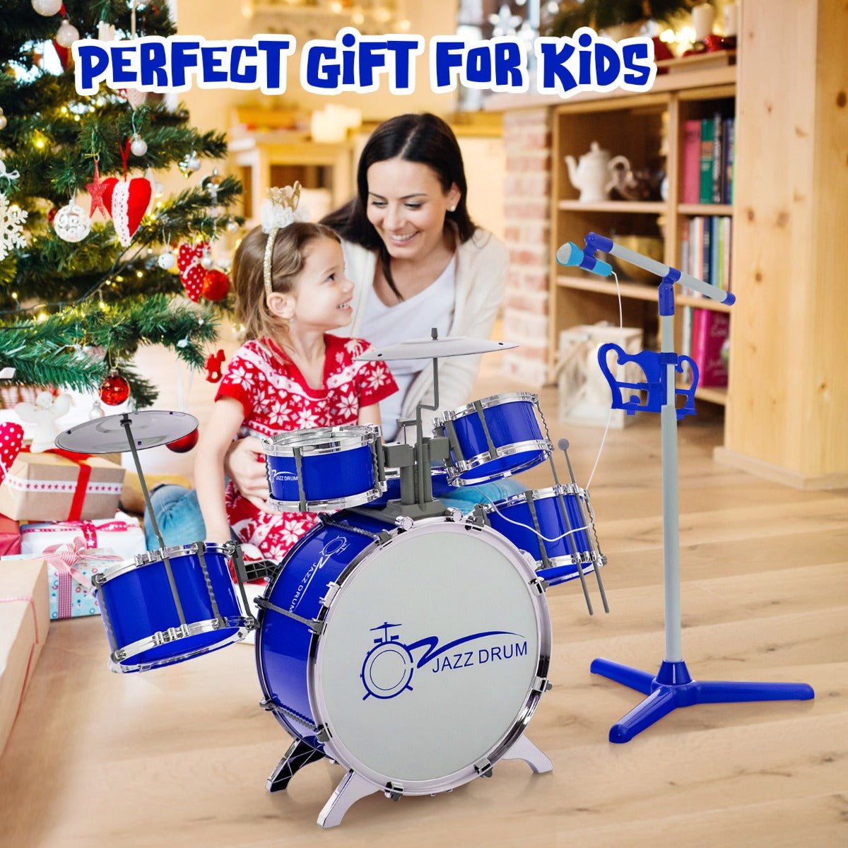 Kids Drum Kit - Blue Keyboard Set with Stool & Microphone Stand