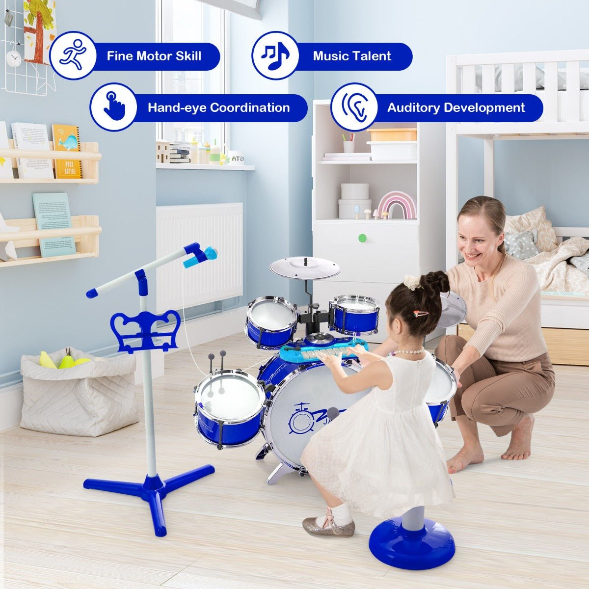 Kid's Drum Keyboard Set - Blue Edition with Stool & Mic Stand