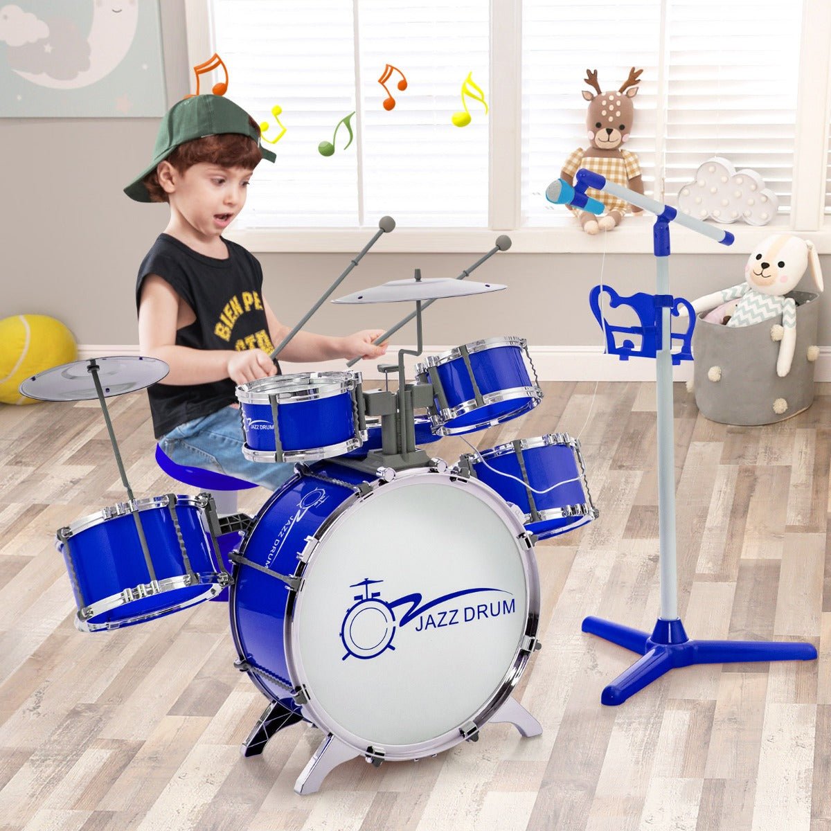 Children's Drum Keyboard Kit - Stool & Mic Stand Included - Vibrant Blue