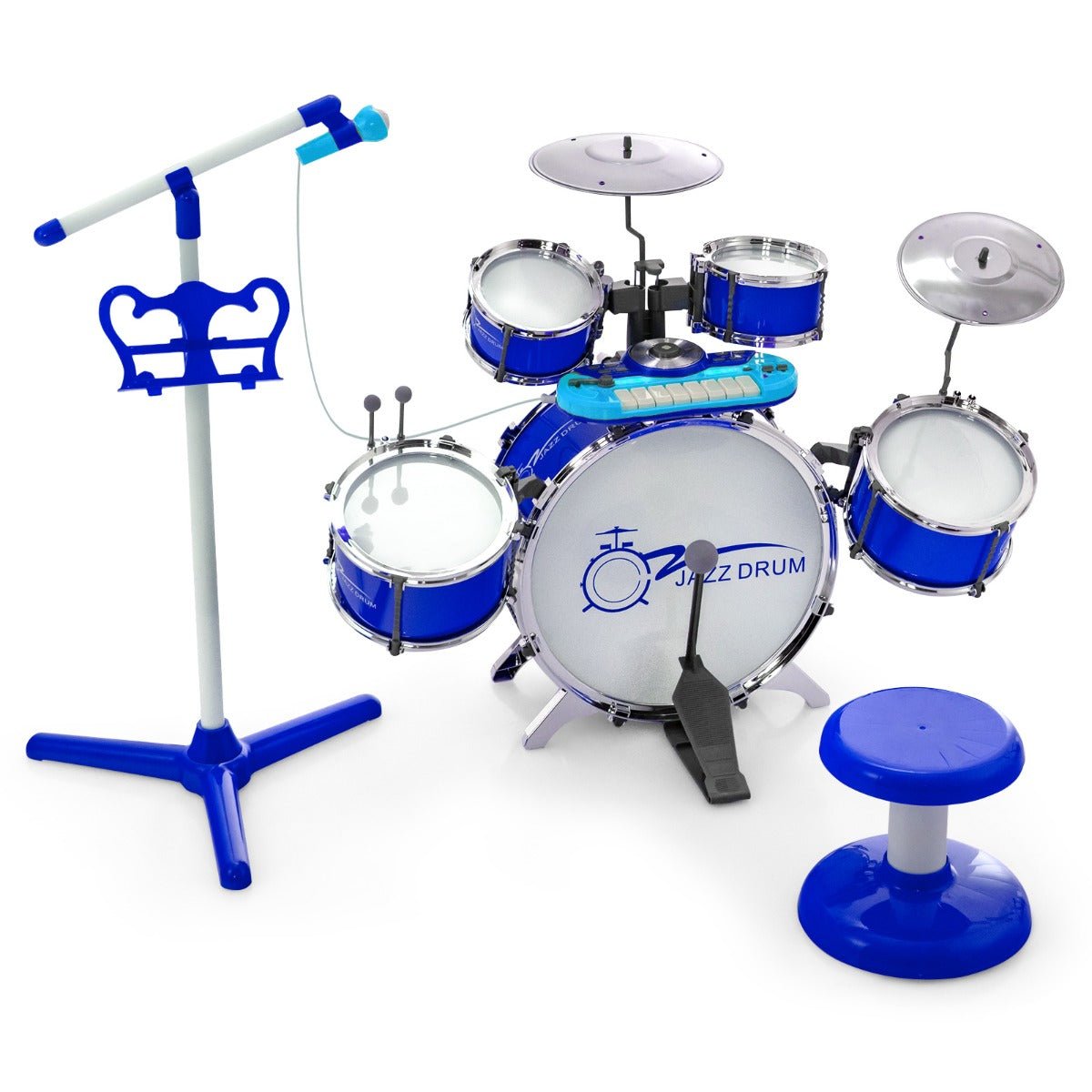 Kids Blue Drum Keyboard Set with Stool & Microphone Stand - Musical Fun!