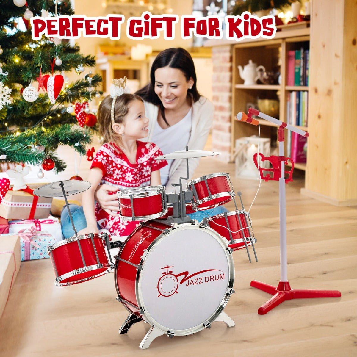 Kids Drum Kit - Red Keyboard Set with Stool & Microphone Stand