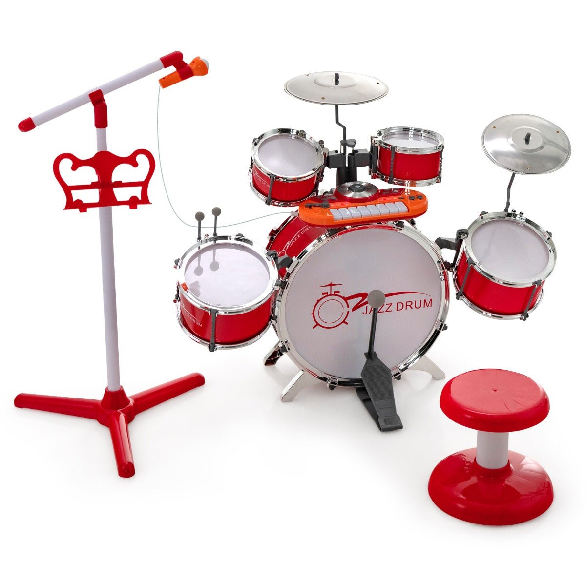 Vibrant Red Kids Drum Keyboard Set - Includes Stool & Microphone Stand