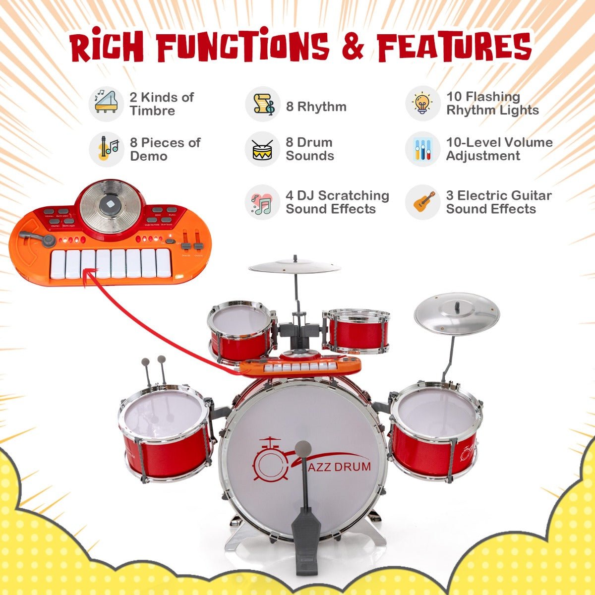Interactive Children's Drum Keyboard - Stool & Mic Stand - Red