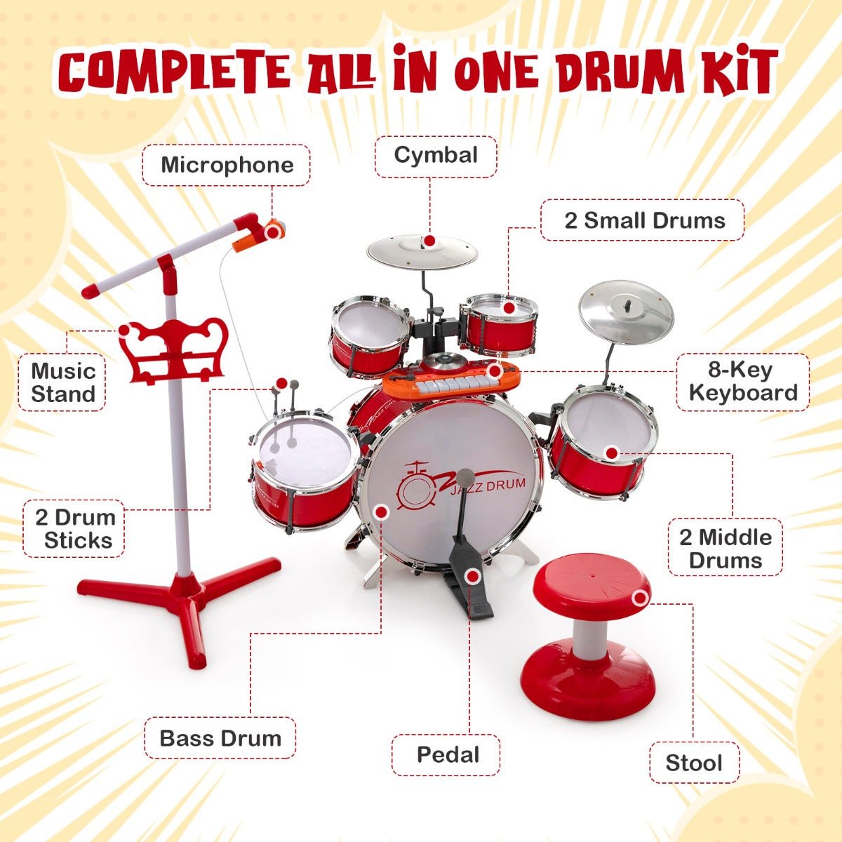 Children's Musical Set - Red Drum Keyboard with Stool & Mic Stand