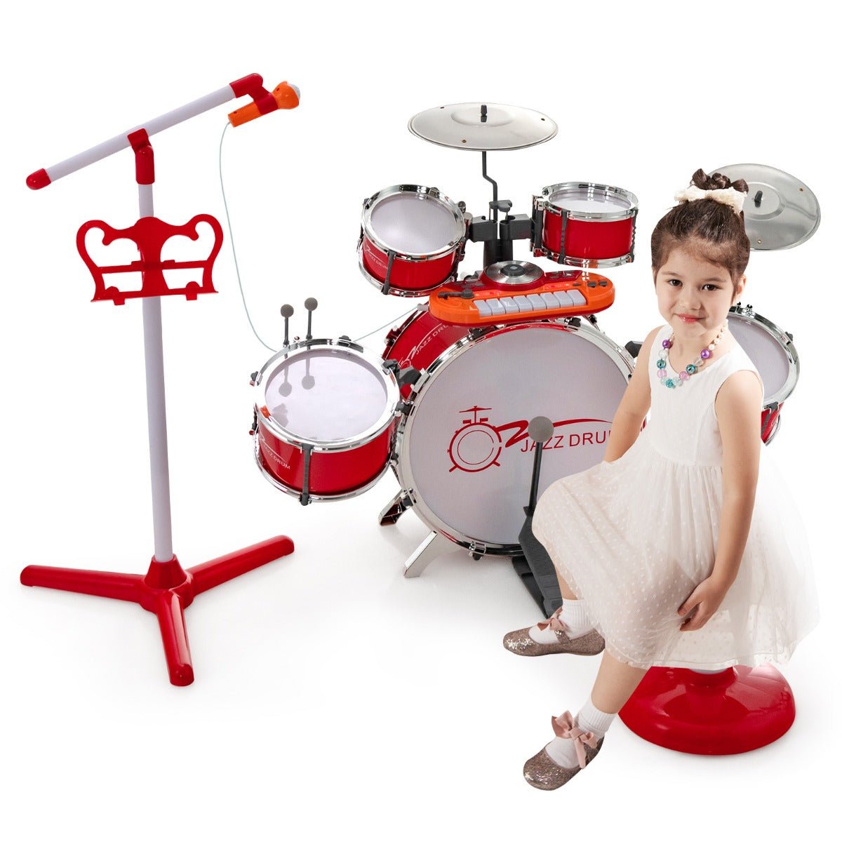 Striking Red Kids Drum Keyboard Set - Stool & Microphone Stand Included