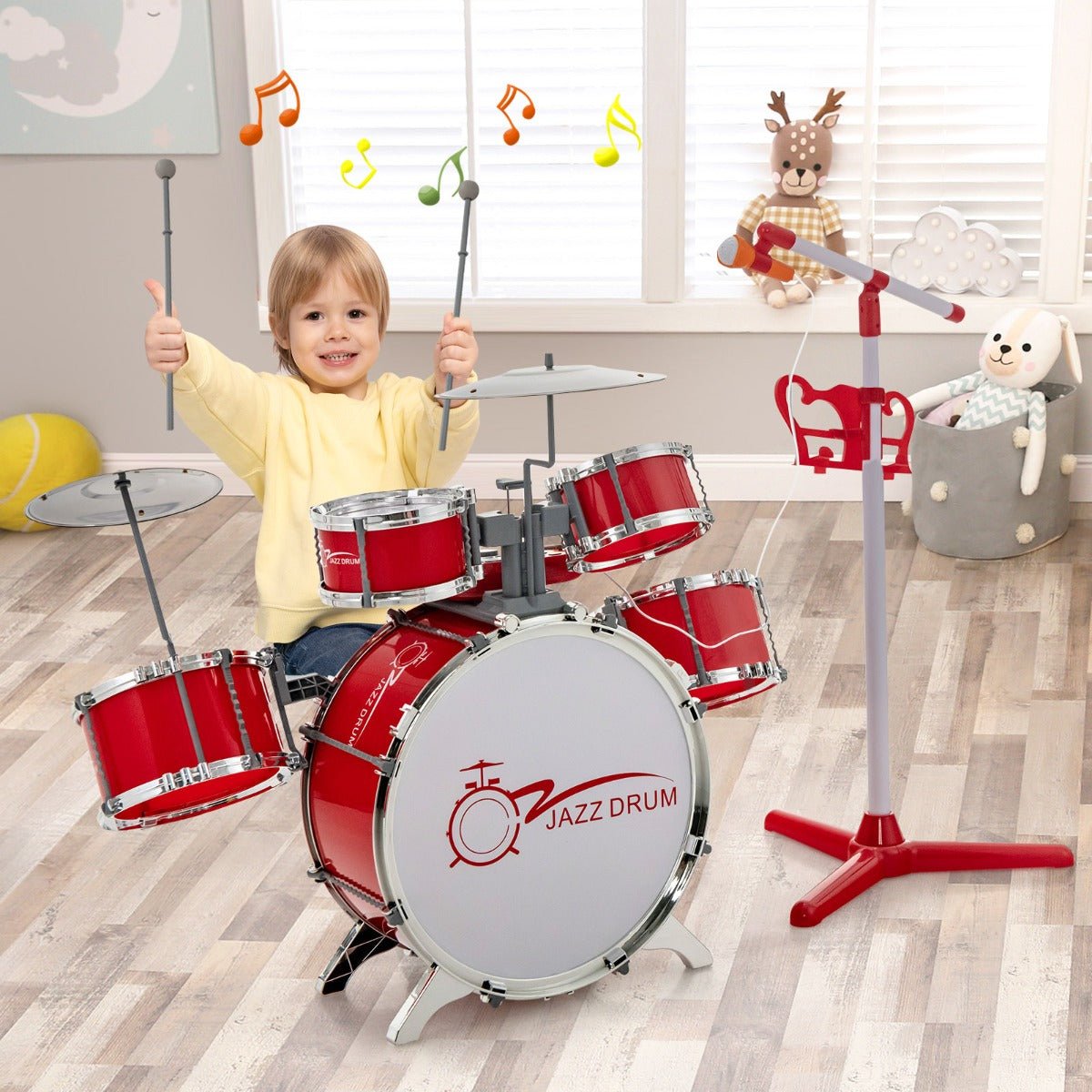 Children's Drum Keyboard Kit - Stool & Mic Stand Included - Striking Red
