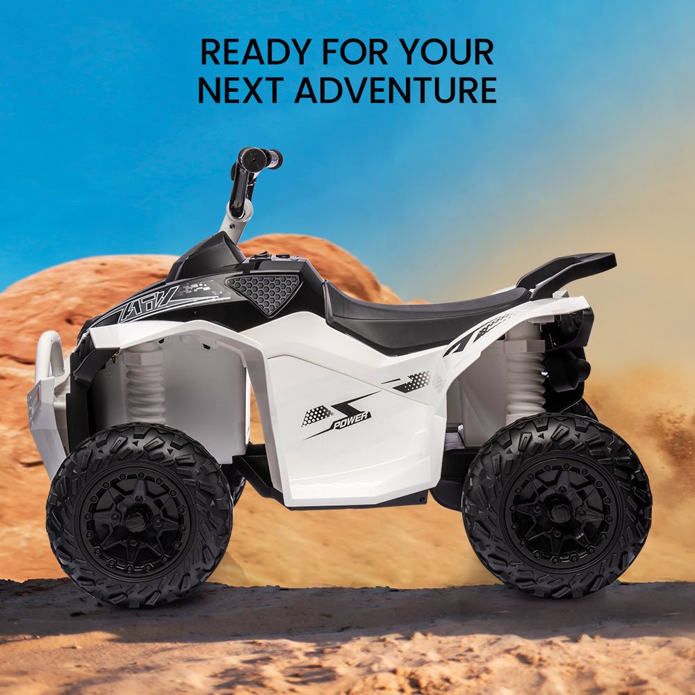 White kids electric ATV toy car, perfect for off-road fun at home.