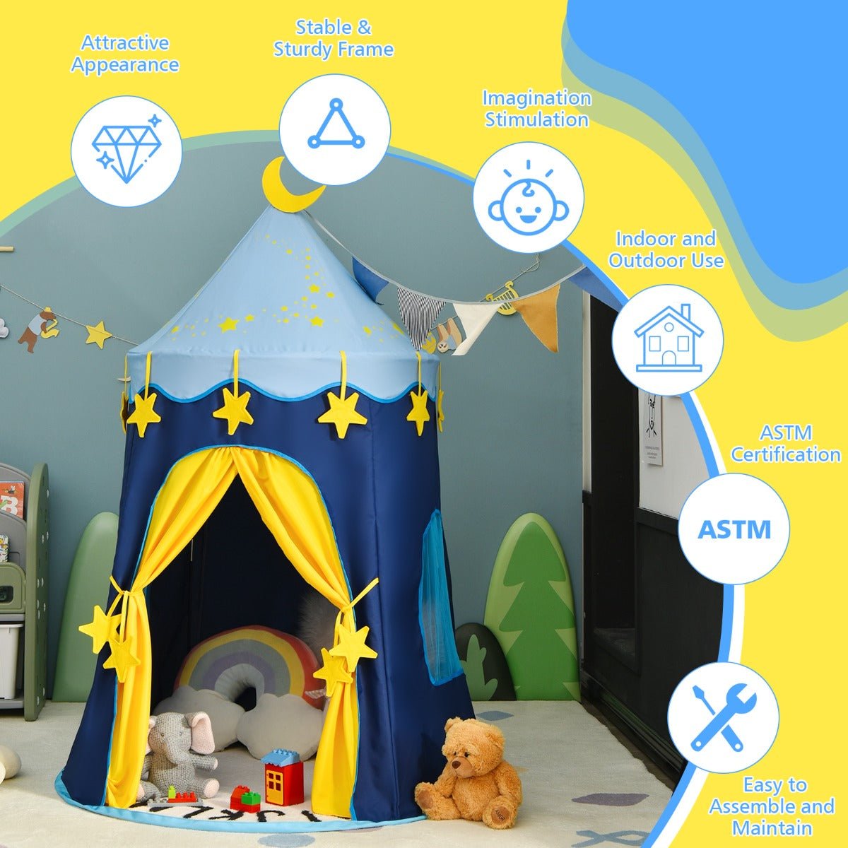 Starlit Playtime: Foldable Kids Pop Up Tent with Lights & Bag